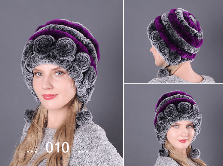 Lady Warm Flowers Striped Real Rex Rabbit Fur Hats