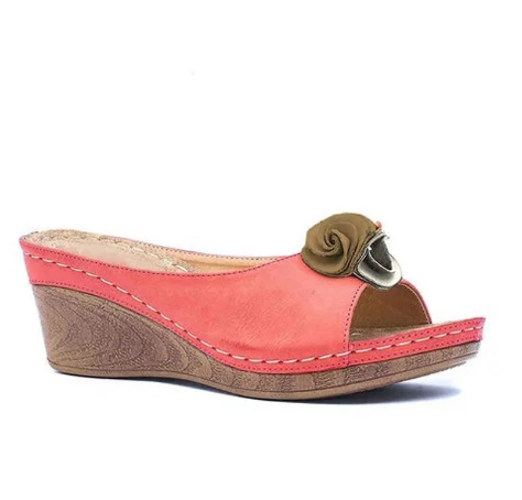Leather Soft Footbed Arch-Support Sandals, Comfy Vegan Flower Strap Wedge Sandals