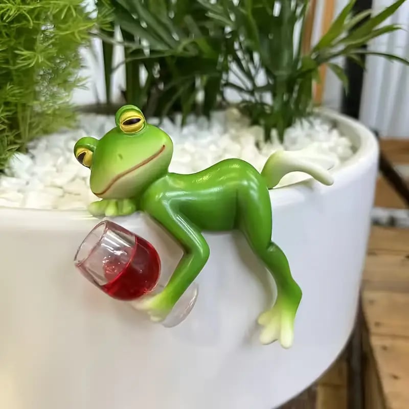 Tipsy Frog Sculpture, Flower Pot Decoration