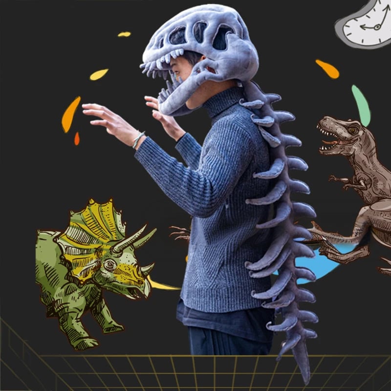 🦖✨Spooky Skeleton Dinosaur Mask🎭 Plush Head-to-Spine Halloween Costume
