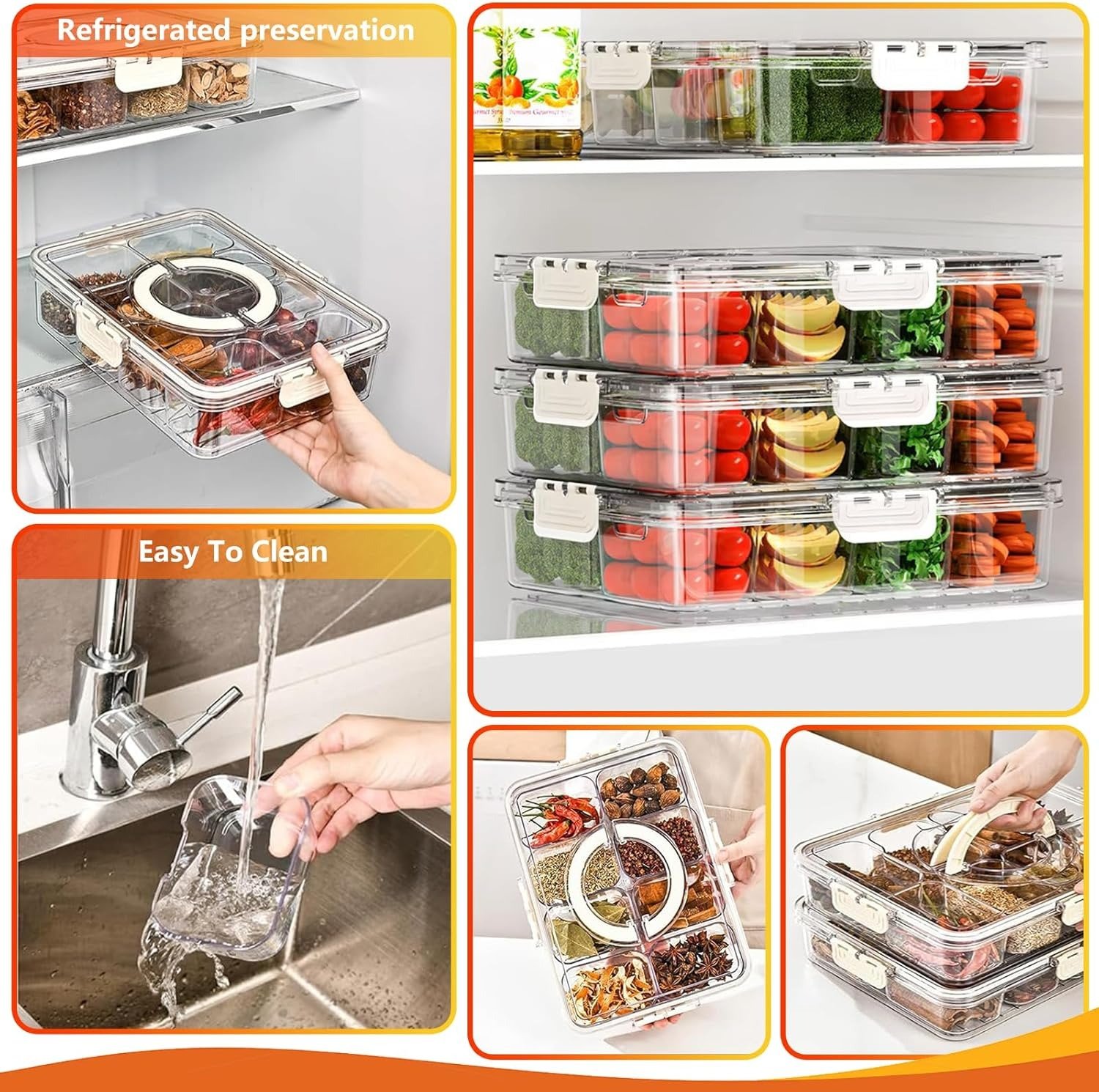 Portable Snack Containers Box 8 Compartment Divided Serving Tray with Lid