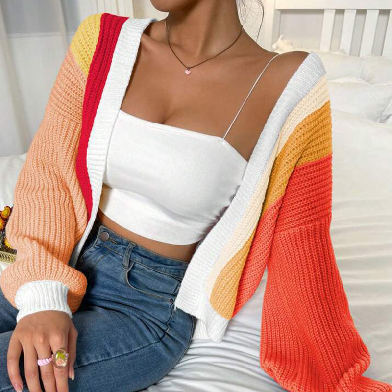 Dopamine-Inspired Color Block Fashionable Knit Cardigan