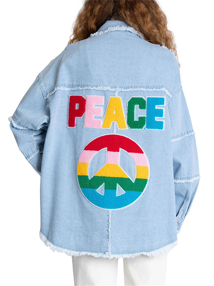 Women's Super Cool Peace Raw Edge Lapel Button Denim Coat