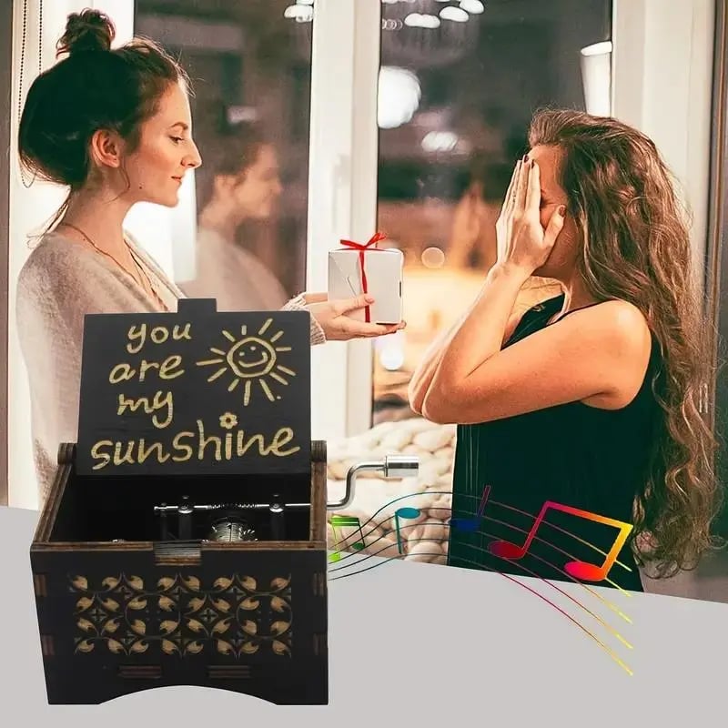 You Are My Sunshine Letter Pattern Music Box, Handmade Hand Crank Wooden Vintage Laser Engraved Music Box