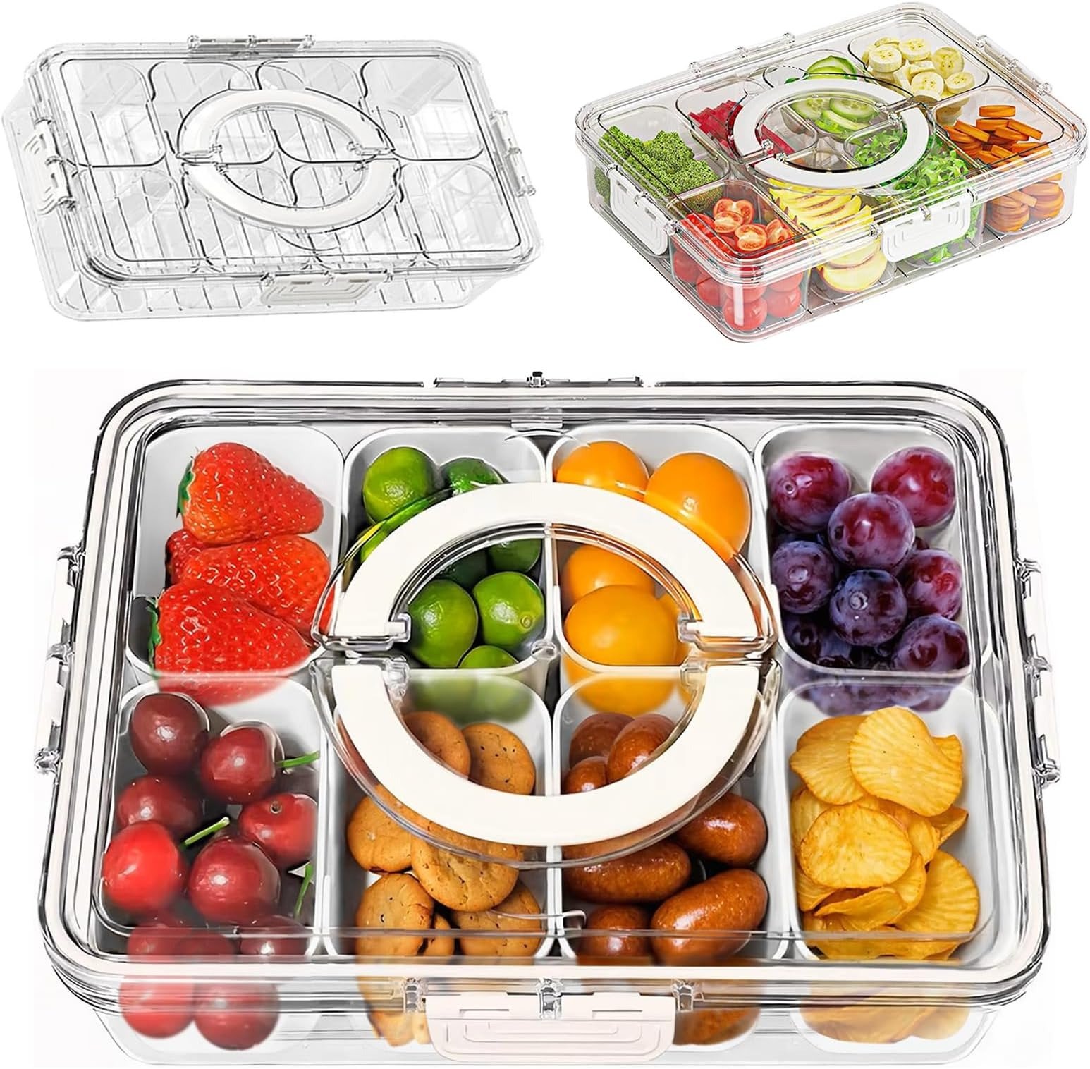 Portable Snack Containers Box 8 Compartment Divided Serving Tray with Lid