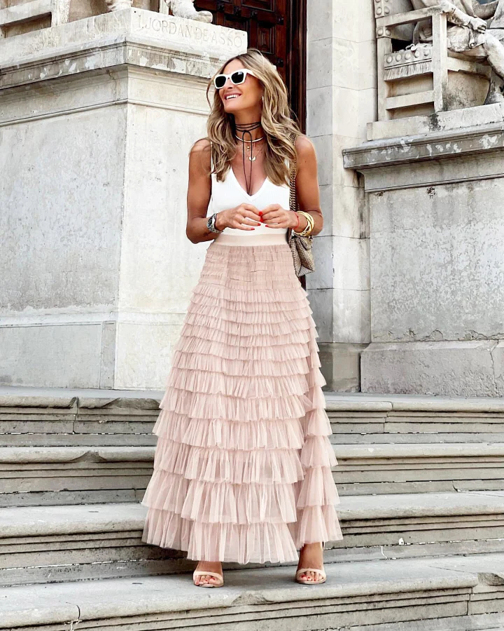Be Your Own City Queen Tiered Elastic Waist Tulle Maxi Skirt