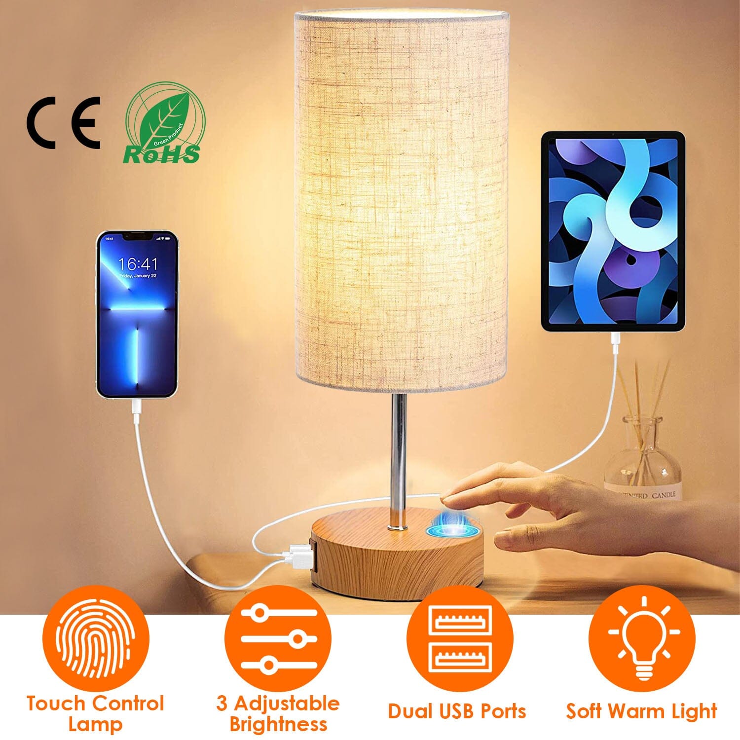 Touch Control Table Lamp 3-Way Dimmable Nightstand Beside Lamp