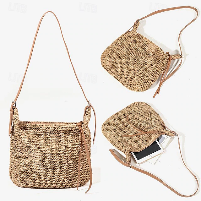 Women's Handwoven Straw Crossbody Bags – Boho Summer Beach Shoulder Bag with Adjustable Leather Strap