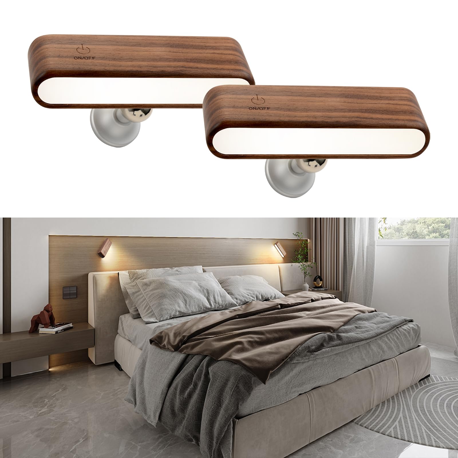 Solid Walnut/Elm Magnetic Wall Lamp with 360° Rotation & Rechargeable Battery