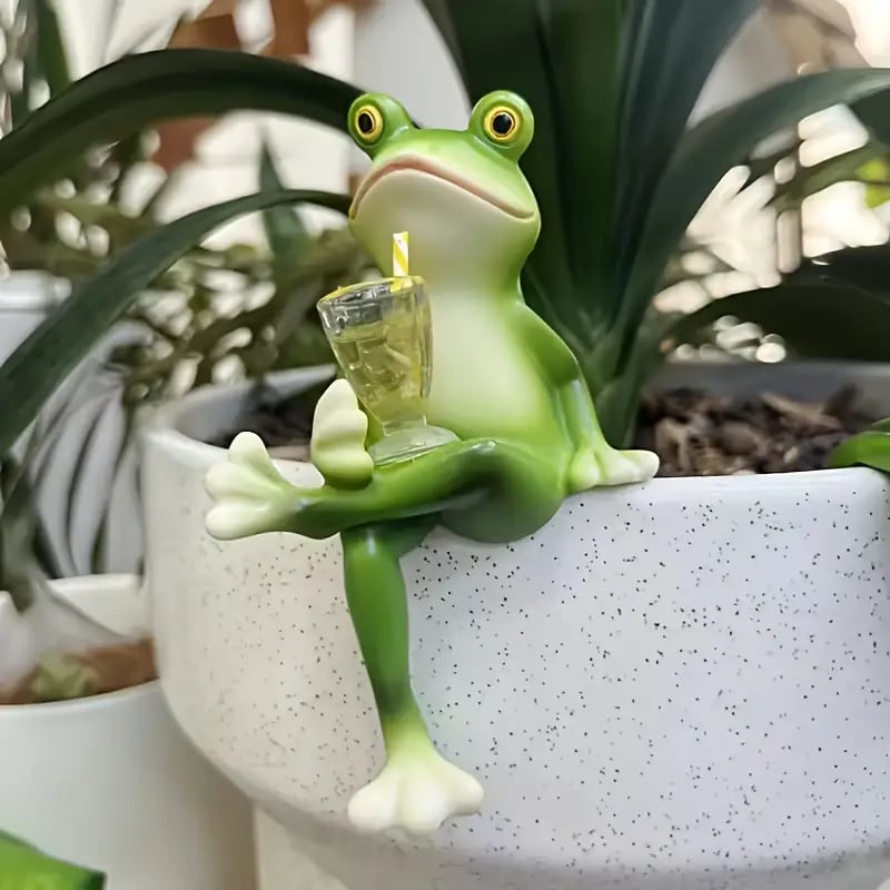 Tipsy Frog Sculpture, Flower Pot Decoration