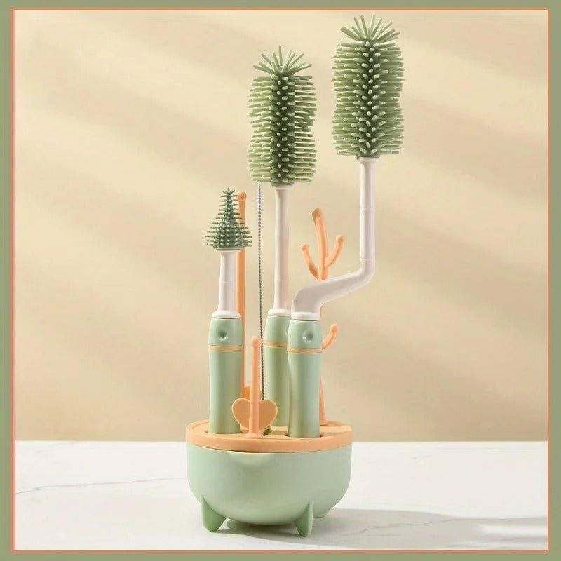 6-in-1 Baby Bottle Cleaner Set with Drying Rack - 2 Silicone Baby Bottle Brushes, Straw Brush, Nipple Brush & Storage Box