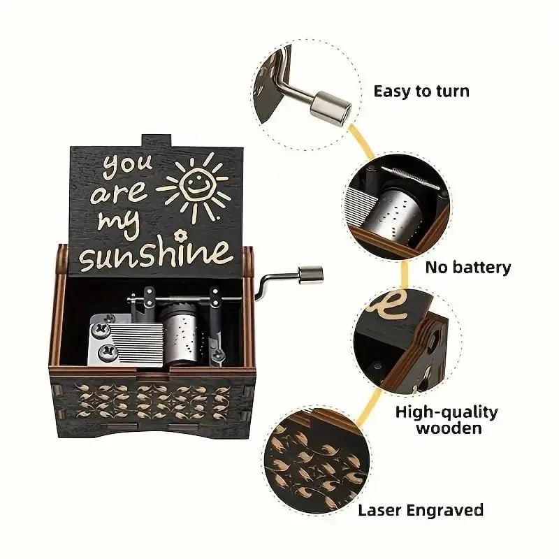 You Are My Sunshine Letter Pattern Music Box, Handmade Hand Crank Wooden Vintage Laser Engraved Music Box