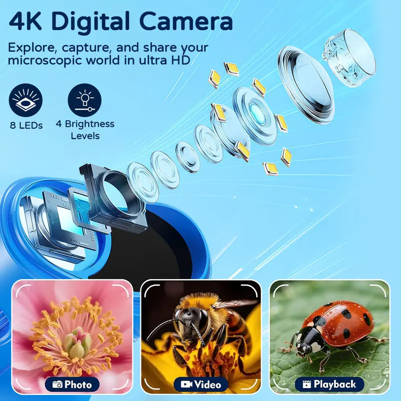 Kids Digital Microscope with 4K Screen, 200X–1000X Magnification, Photo and Video Camera