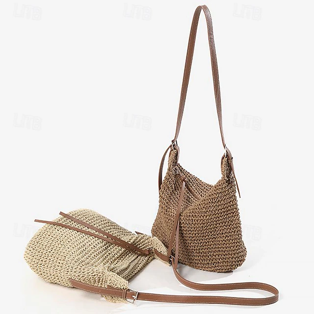 Women's Handwoven Straw Crossbody Bags – Boho Summer Beach Shoulder Bag with Adjustable Leather Strap
