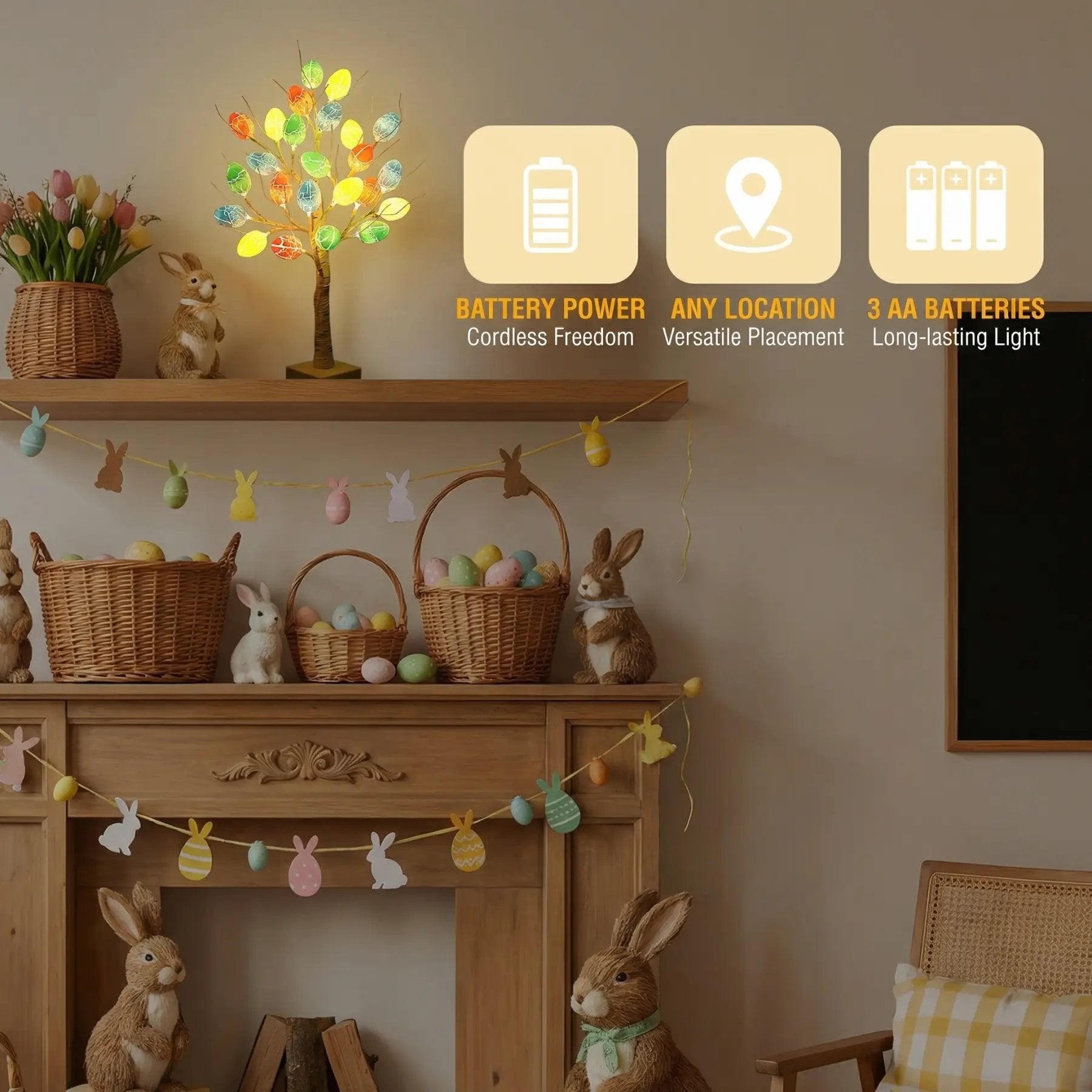 Lighted Birch Egg Tree with 24 Colorful Eggs 