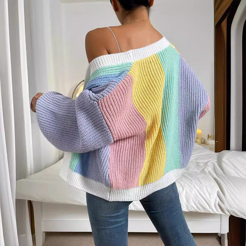 Dopamine-Inspired Color Block Fashionable Knit Cardigan