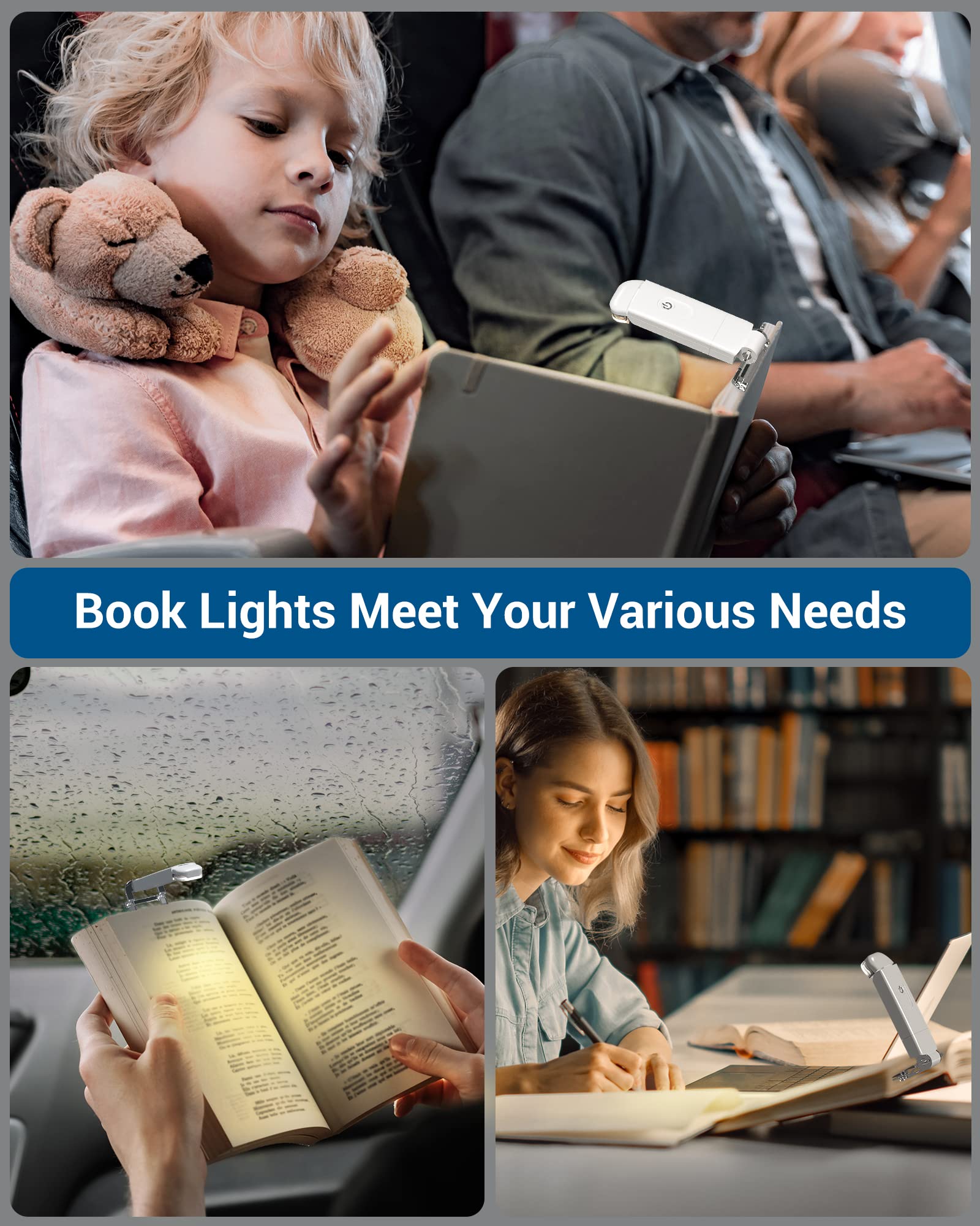 USB Rechargeable Book Light with Clip for Reading in Bed
