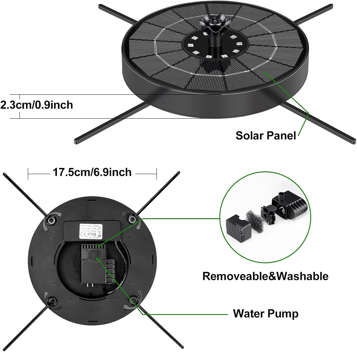 Solar Fountain Pump with 3 Spray Height Adjustments