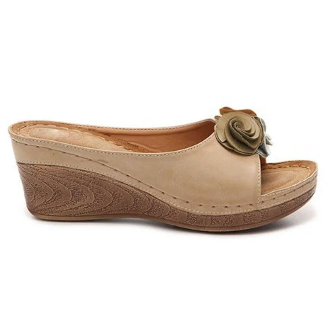 Leather Soft Footbed Arch-Support Sandals, Comfy Vegan Flower Strap Wedge Sandals