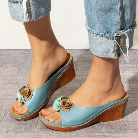 Leather Soft Footbed Arch-Support Sandals, Comfy Vegan Flower Strap Wedge Sandals
