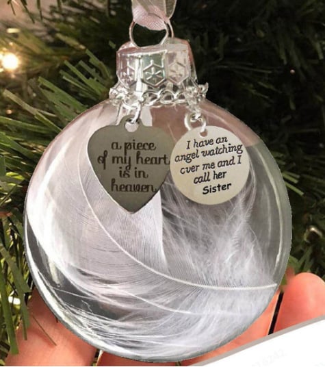 "A Piece of My Heart Is In Heaven" Feather Ball Memorial Ornament