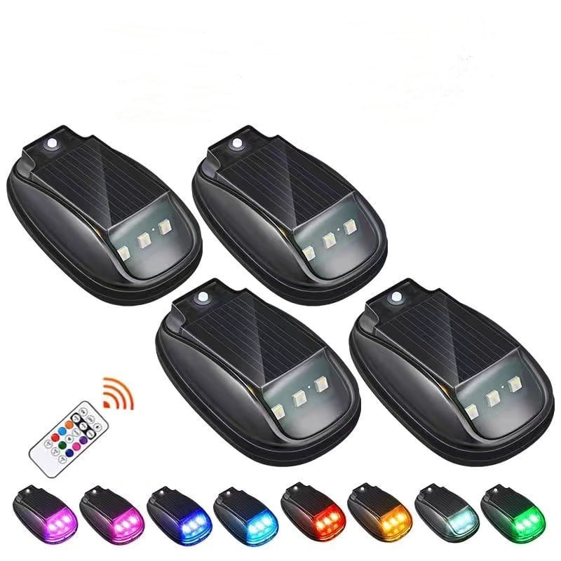 Solar-powered RGB strobe light on car roof with remote control