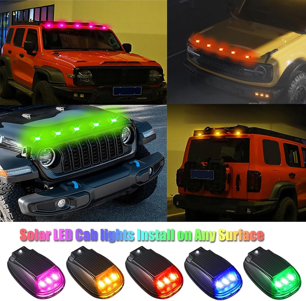 Solar-powered RGB strobe light on car roof with remote control