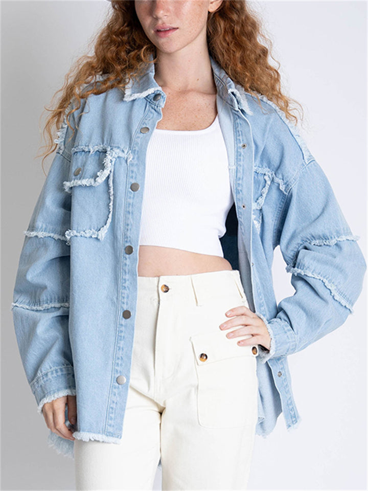 Women's Super Cool Peace Raw Edge Lapel Button Denim Coat