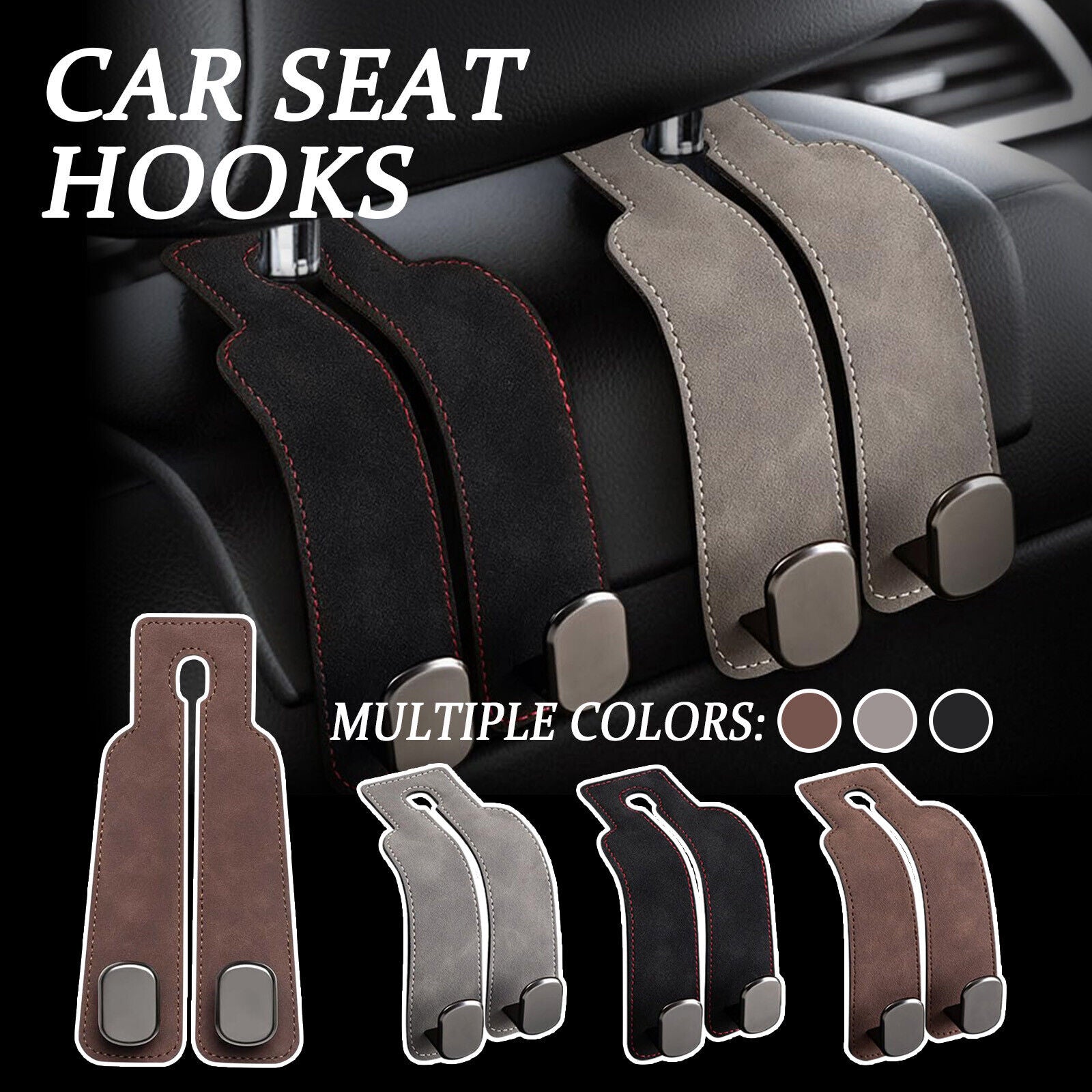 Car Seat Back Storage Hook - Real Leather with Dual Metal Hooks