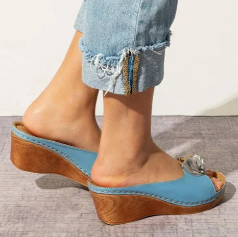 Leather Soft Footbed Arch-Support Sandals, Comfy Vegan Flower Strap Wedge Sandals