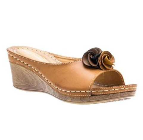 Leather Soft Footbed Arch-Support Sandals, Comfy Vegan Flower Strap Wedge Sandals