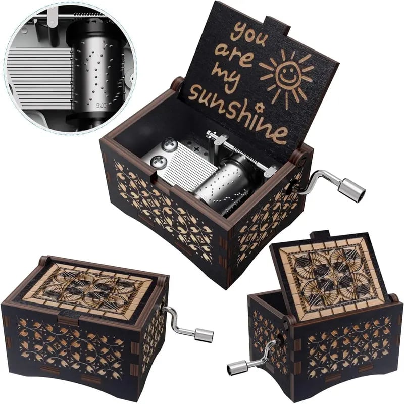 You Are My Sunshine Letter Pattern Music Box, Handmade Hand Crank Wooden Vintage Laser Engraved Music Box