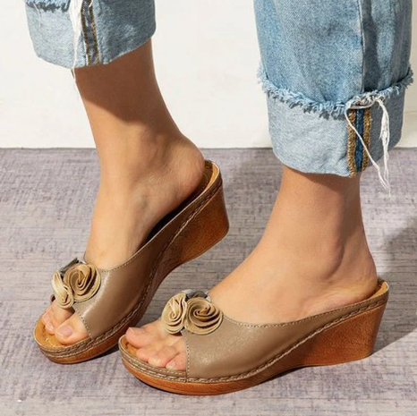 Leather Soft Footbed Arch-Support Sandals, Comfy Vegan Flower Strap Wedge Sandals