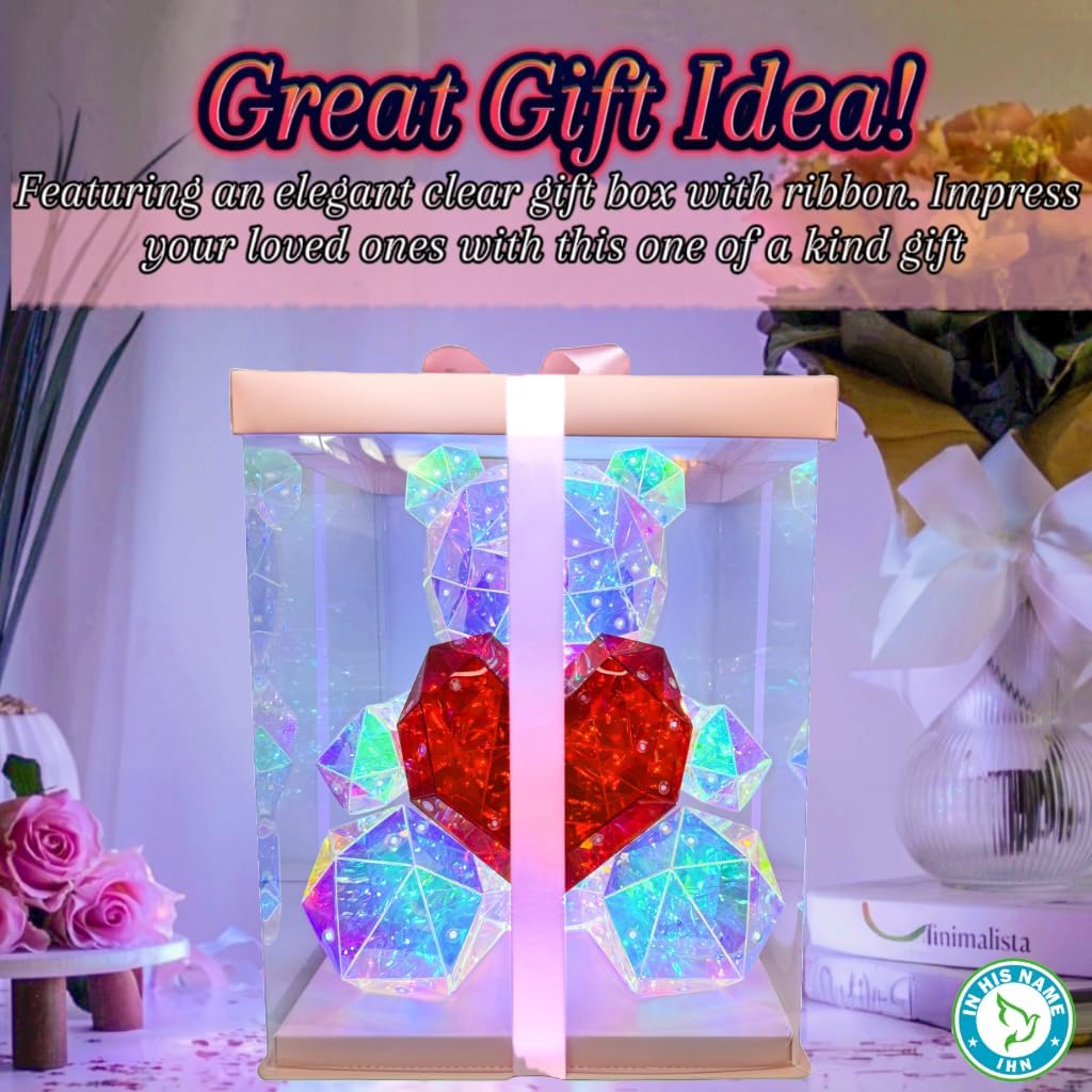 ✨Premium LED Teddy Bear Night Light – Colorful Crystal-Style Bear with Heart