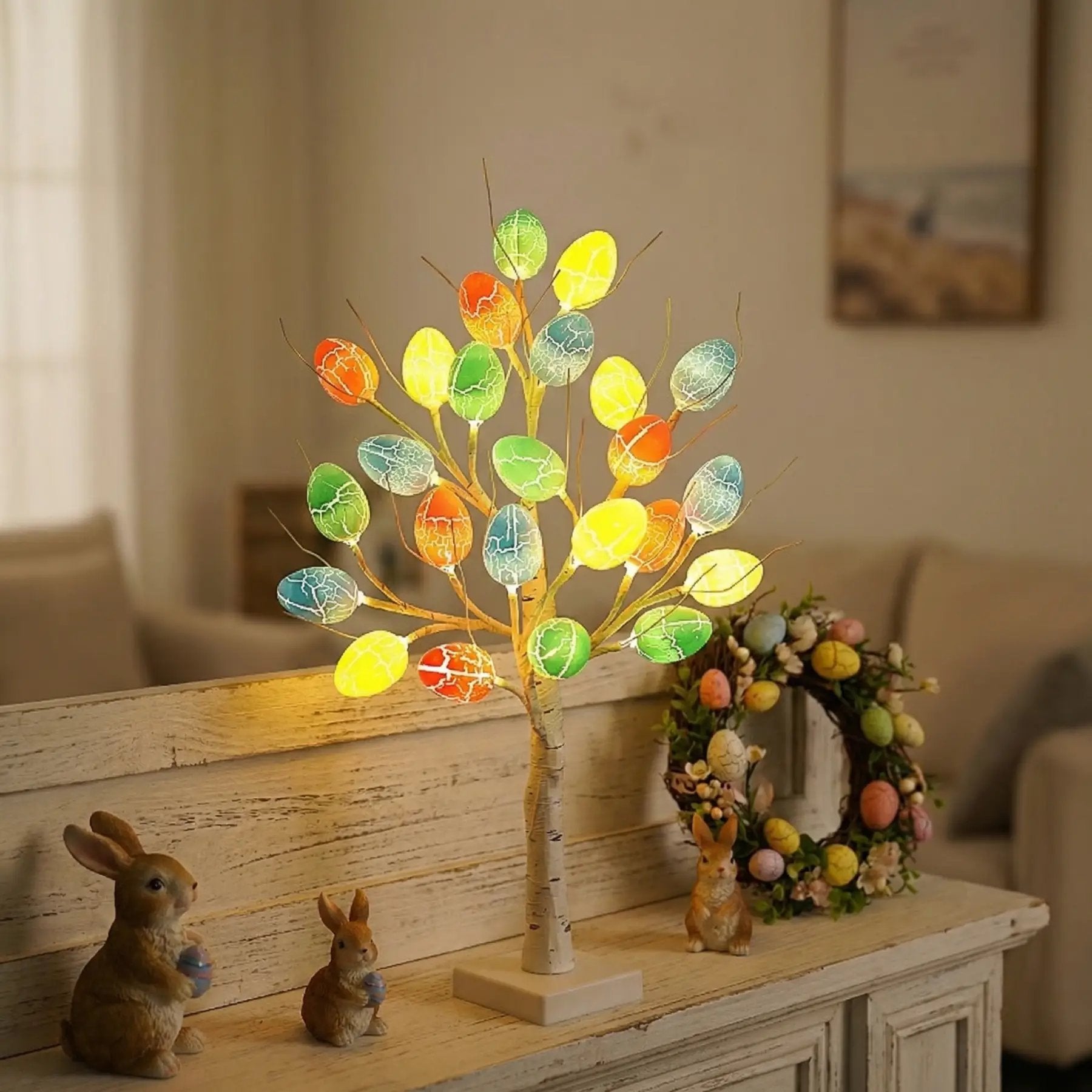 Lighted Birch Egg Tree with 24 Colorful Eggs 