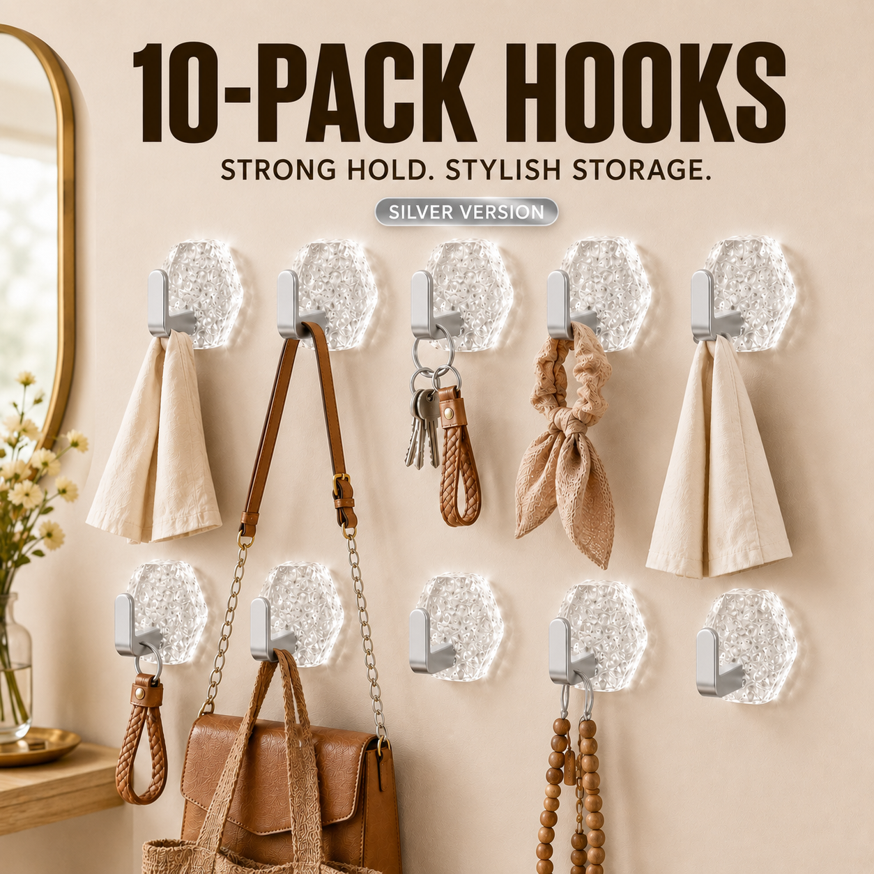 10-Pack Heavy-Duty Adhesive Hooks – Strong Hold. No Drilling