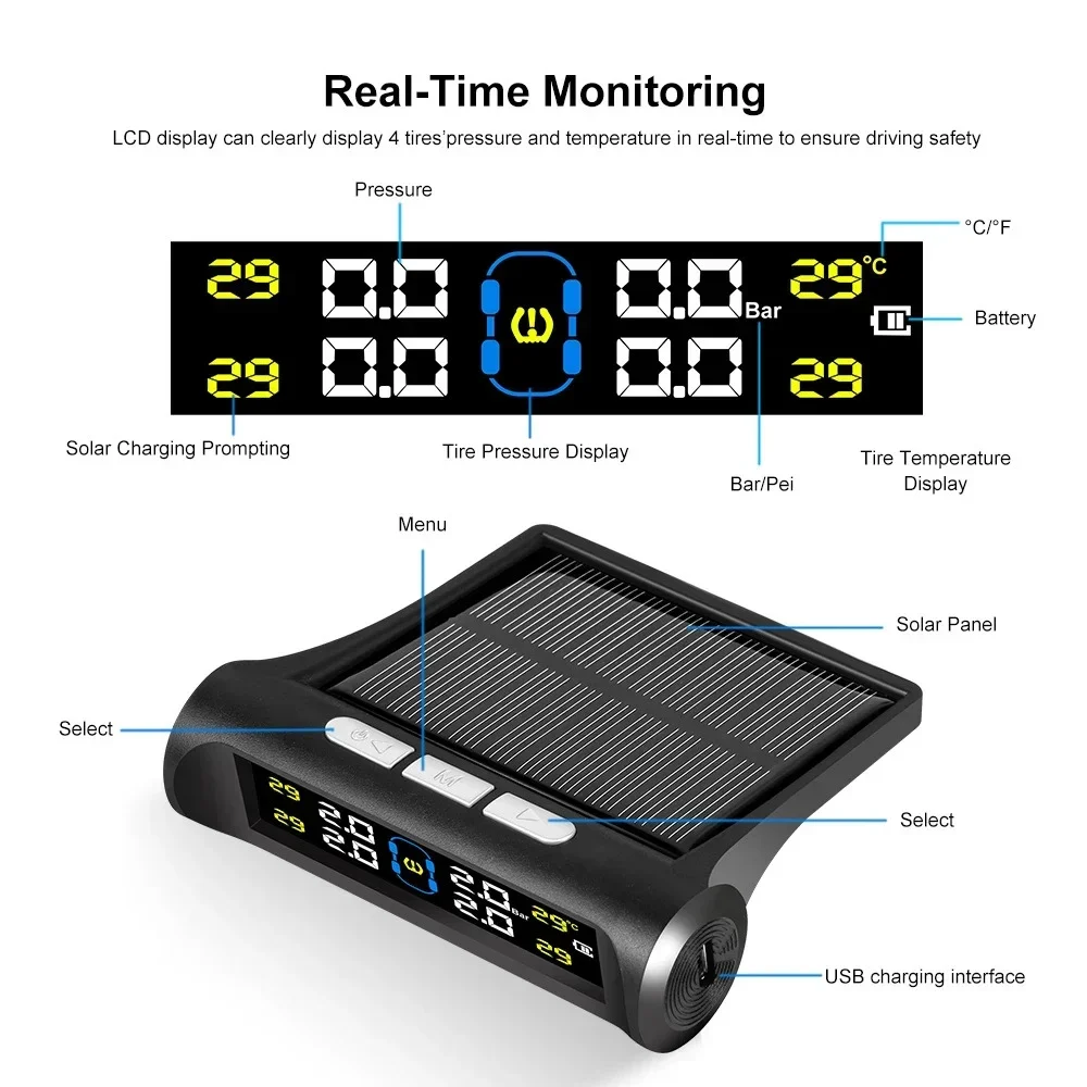 Real-time Display Solar Charging Tire Pressure Monitoring System