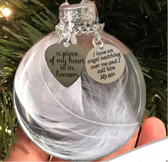 "A Piece of My Heart Is In Heaven" Feather Ball Memorial Ornament