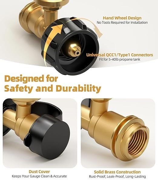 Propane Tank Gauge Level Indicator, Universal Propane Gauge for 5-40lb LP Tanks, Color Coded Gas Pressure Meter for BBQ, RV, Camper, Heater, Leak Detector, QCC1/Type1, Easy to Read, Durable (2 Packs)
