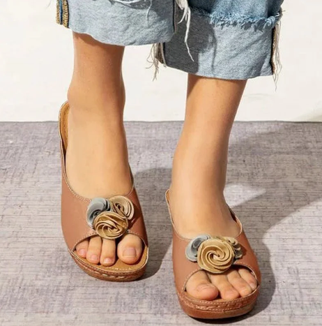 Leather Soft Footbed Arch-Support Sandals, Comfy Vegan Flower Strap Wedge Sandals