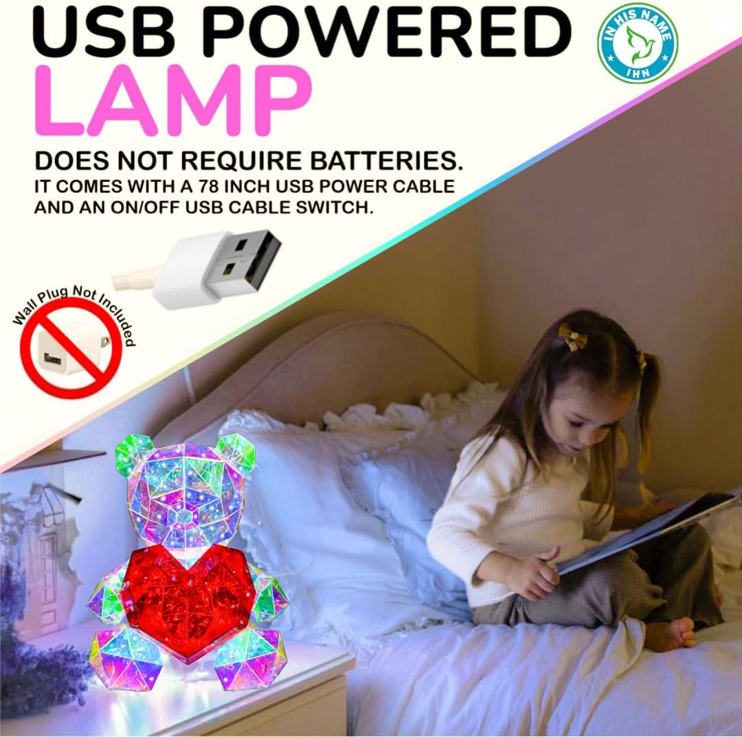 ✨Premium LED Teddy Bear Night Light – Colorful Crystal-Style Bear with Heart
