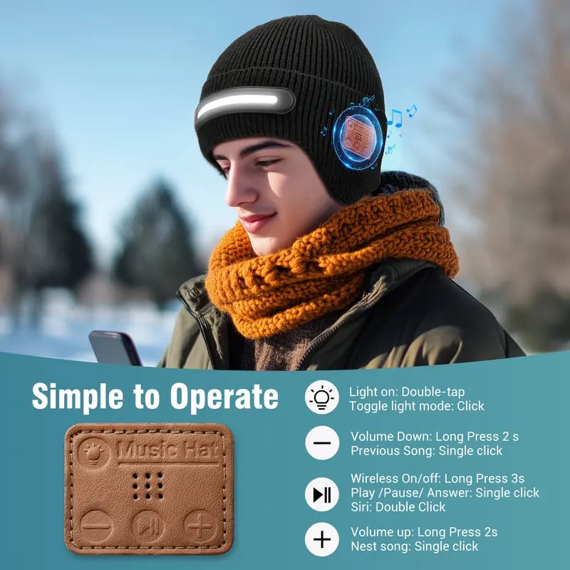 Smart Beanie with 3-Stage LED Lighting & Bluetooth music headphones