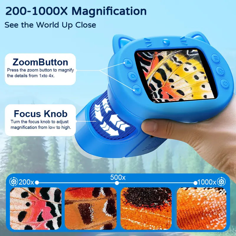 Kids Digital Microscope with 4K Screen, 200X–1000X Magnification, Photo and Video Camera