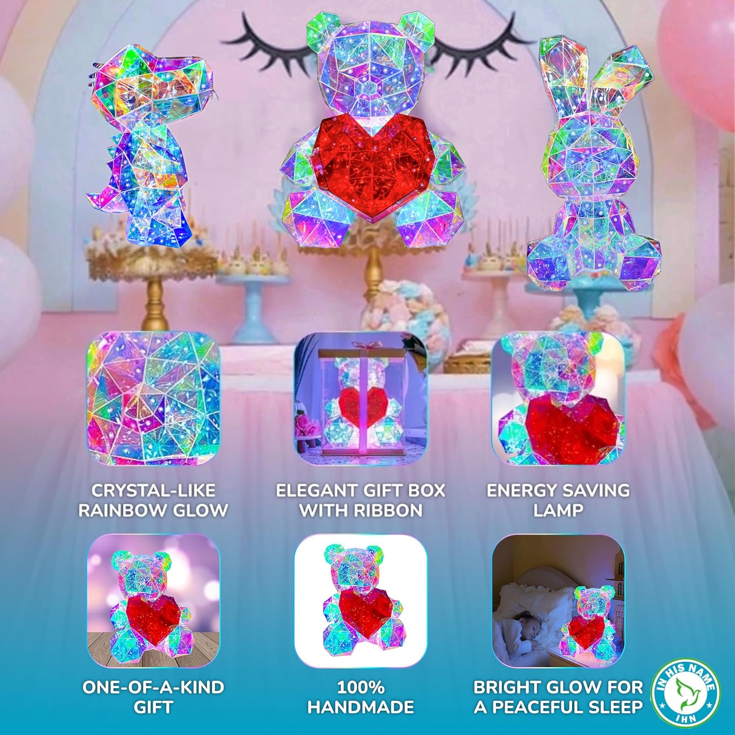 ✨Premium LED Teddy Bear Night Light – Colorful Crystal-Style Bear with Heart
