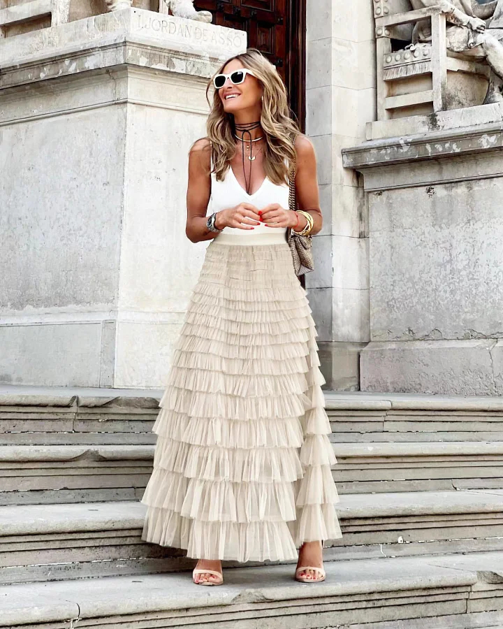 Be Your Own City Queen Tiered Elastic Waist Tulle Maxi Skirt
