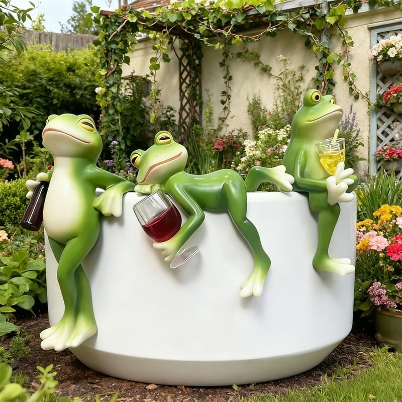 Tipsy Frog Sculpture, Flower Pot Decoration