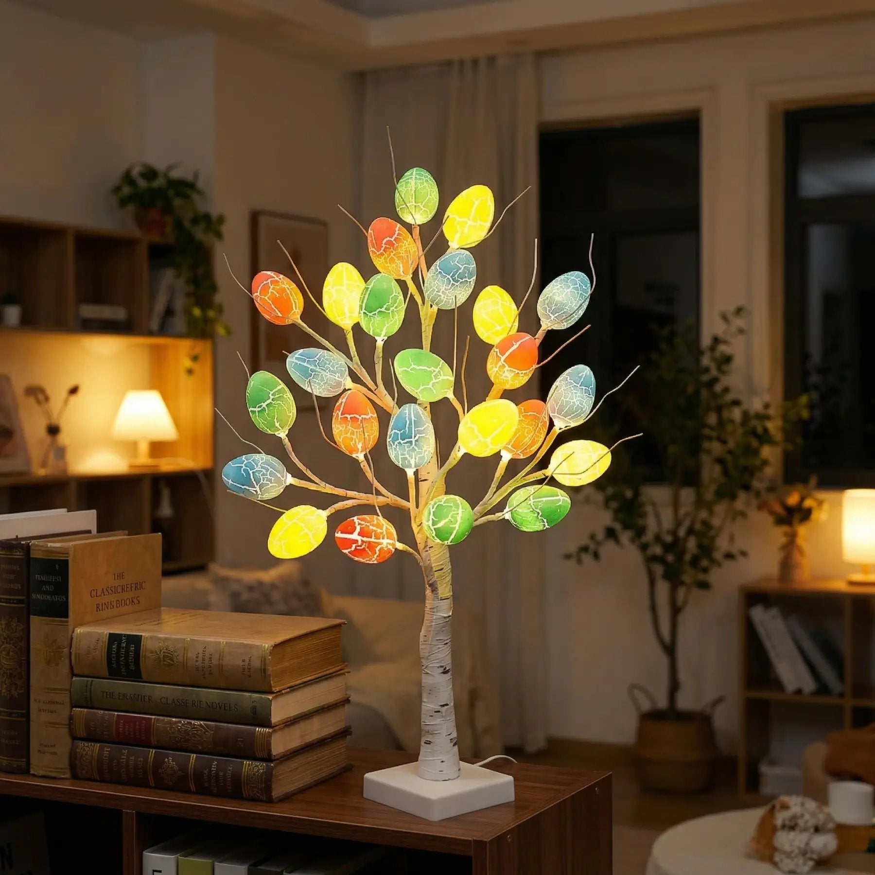 Lighted Birch Egg Tree with 24 Colorful Eggs 