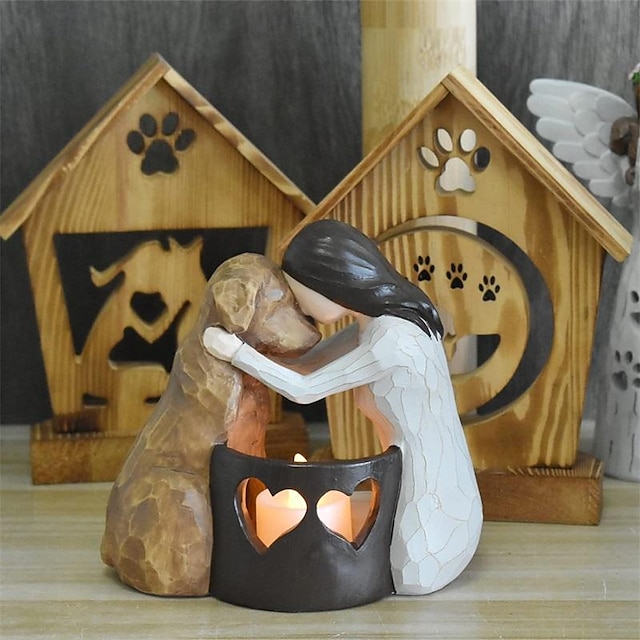 Dog Memorial Gifts Pet Loss Gifts Hand-Sculpted Dogs Passing Away Sympathy Gift Remembrance Gift Dog Lovers Candle Holder Statue with LED Candle