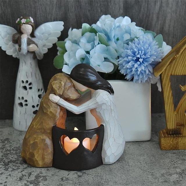 Dog Memorial Gifts Pet Loss Gifts Hand-Sculpted Dogs Passing Away Sympathy Gift Remembrance Gift Dog Lovers Candle Holder Statue with LED Candle