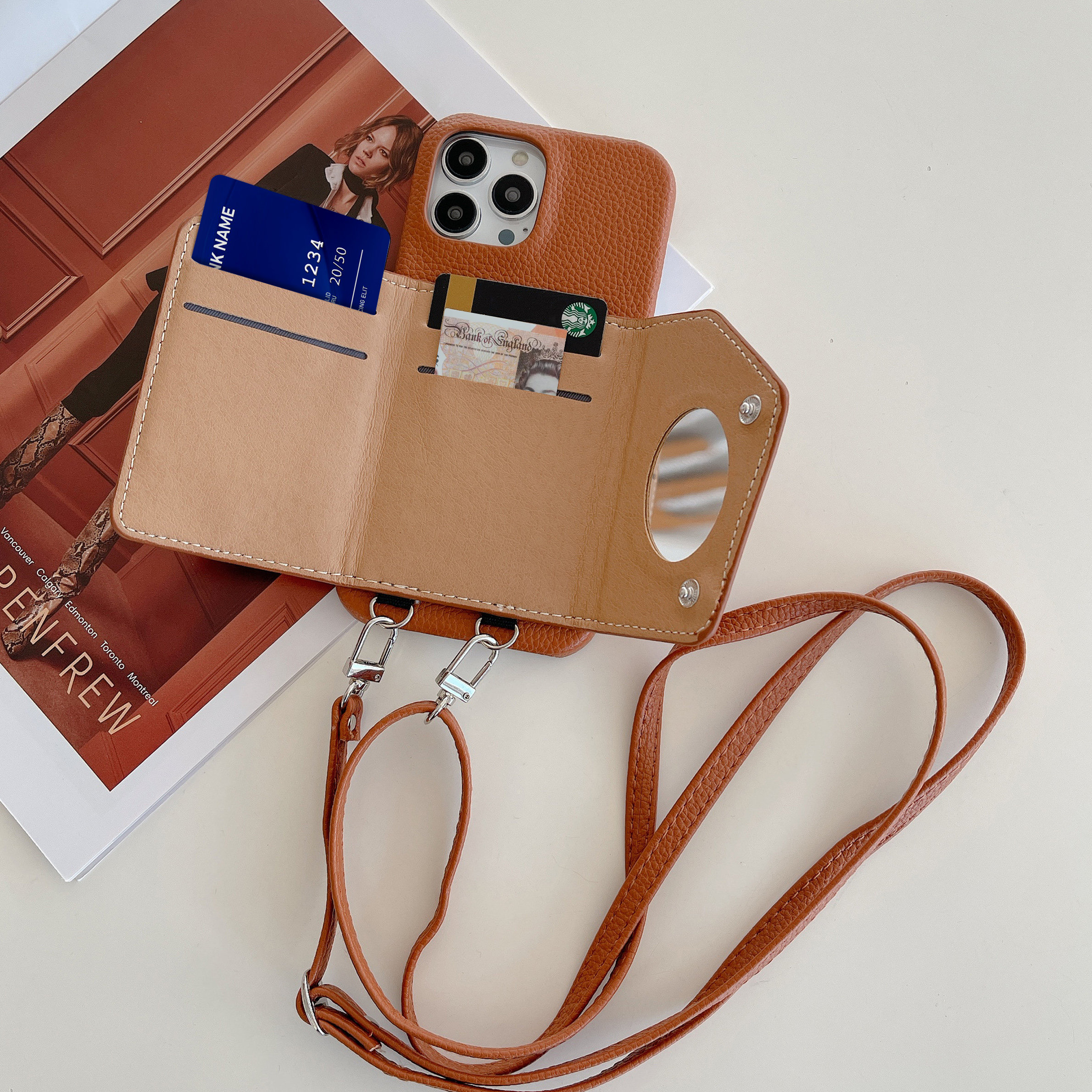 Personalized Leather Phone Case with Card slot and Long Strap | OFCase043